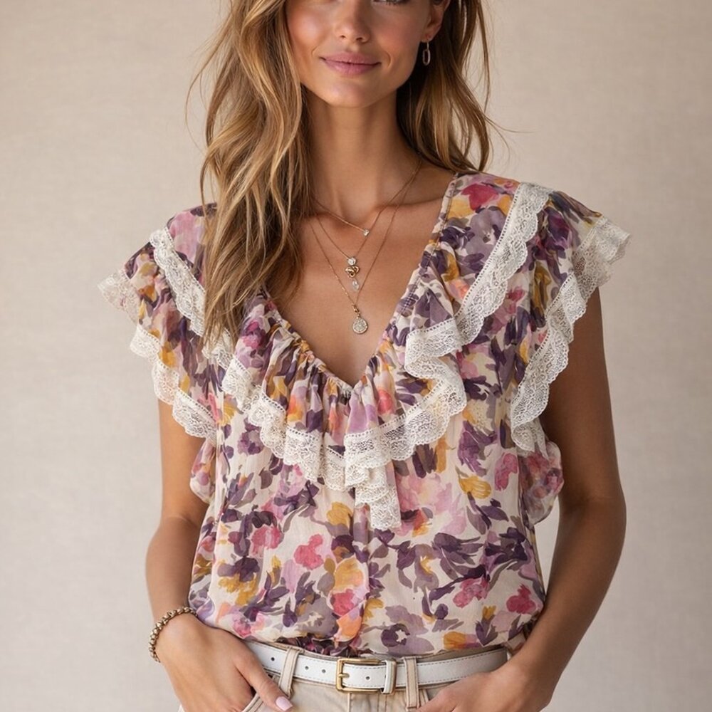 Sheer floral print blouse, vibrant pastel colours, ROMANTIC.  French Connection